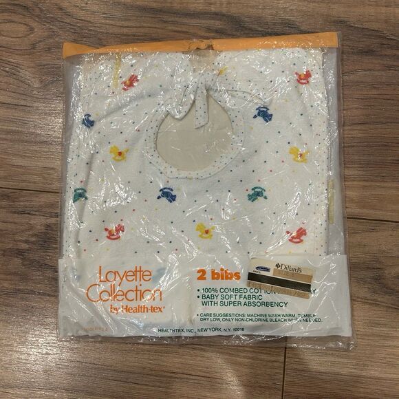 Vintage Layette Collection By Health Tex 2 Bibs White Rocking Horse Cotton Tie - Picture 3 of 3